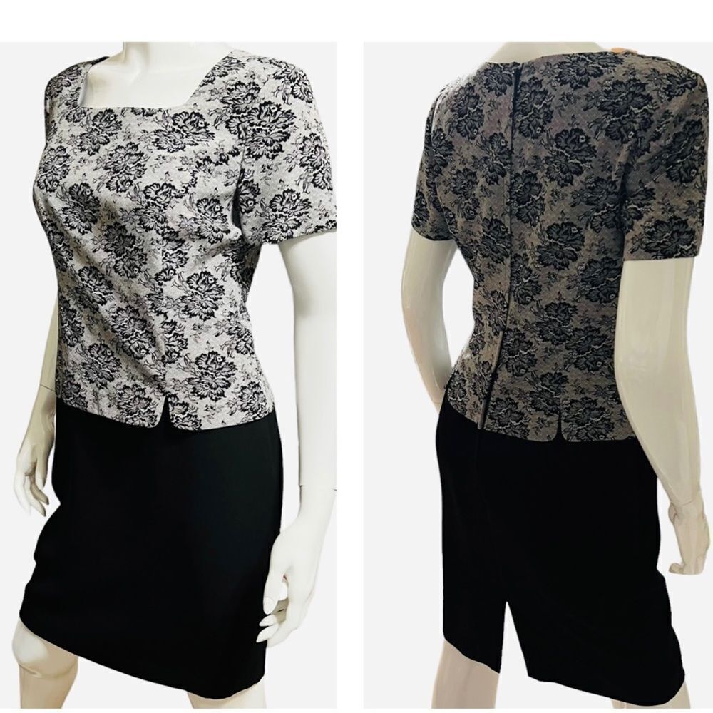 Vintage 💯 Silk Black & White Floral Dress Midi size 6